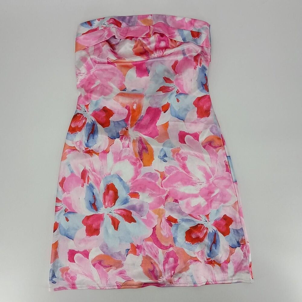 Colorful Satin Strapless Mini Dress - M - Stretchy Abstract Pastel Floral Y2K
